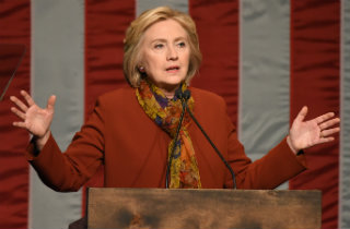 Hillary Clinton stripes pose (Shutterstock)
