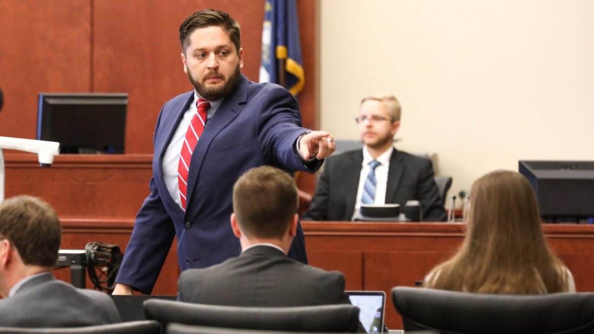 Prosecutor Kyle Burns points at Shayna Hubers as he makes opening statements during her trial at the Campbell County courthouse on Tuesday August 14, 2018.