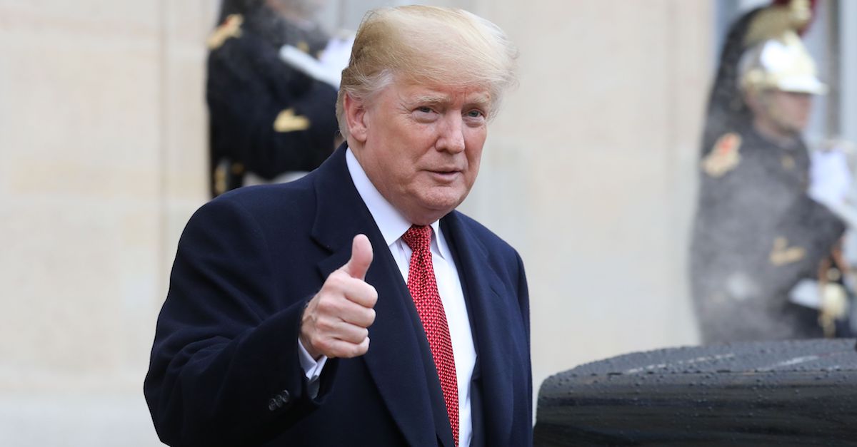 US President Donald Trump gives a thumbs up as he leaves the Elysee Palace in Paris on November 10, 2018 following bilateral talks with the French President on the sidelines of commemorations marking the 100th anniversary of the 11 November 1918 armistice, ending World War I. (Photo by ludovic MARIN / AFP) (Photo credit should read LUDOVIC MARIN/AFP/Getty Images)