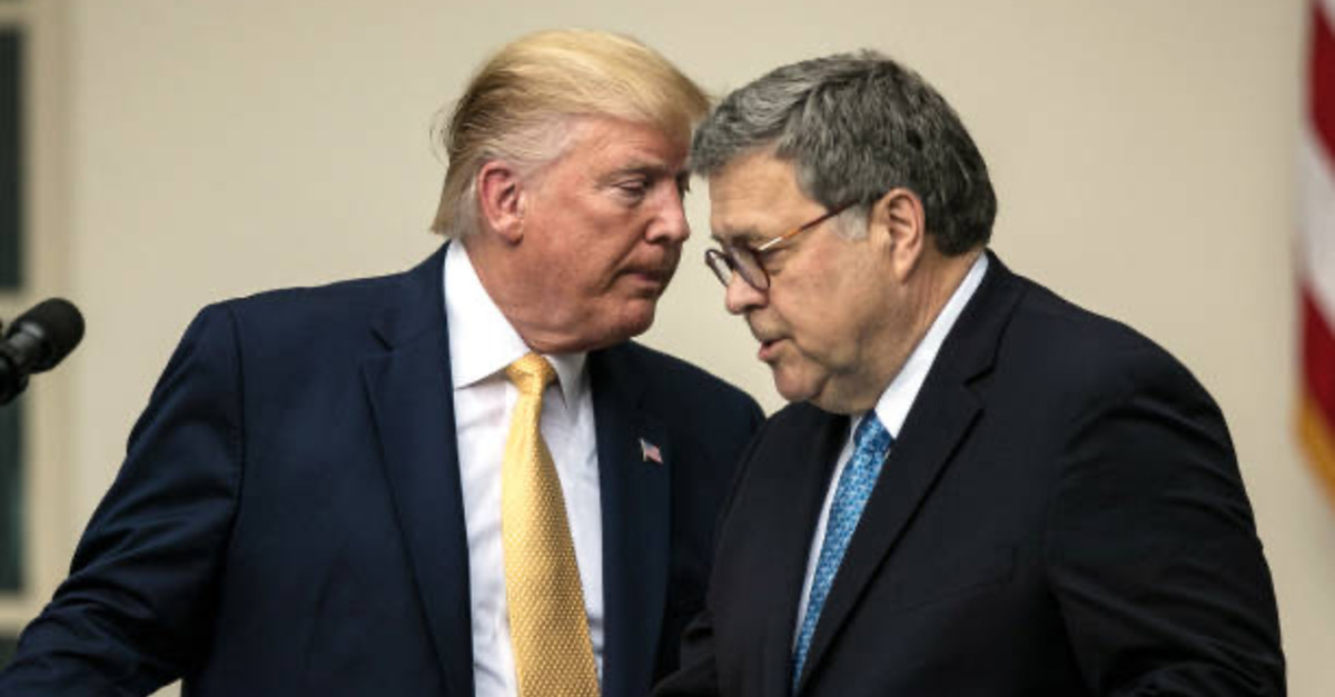 President Trump Holds News Conference In Rose Garden On Census And Citzenship WASHINGTON, DC - JULY 11: U.S. Attorney General William Barr and President Donald Trump appears for a Rose Garden statement on the census on July 11, 2019 at the White House in Washington, DC. President Trump, who had previously pushed to add a citizenship question to the 2020 census, announced that he would direct the Commerce Department to collect that data in other ways. 