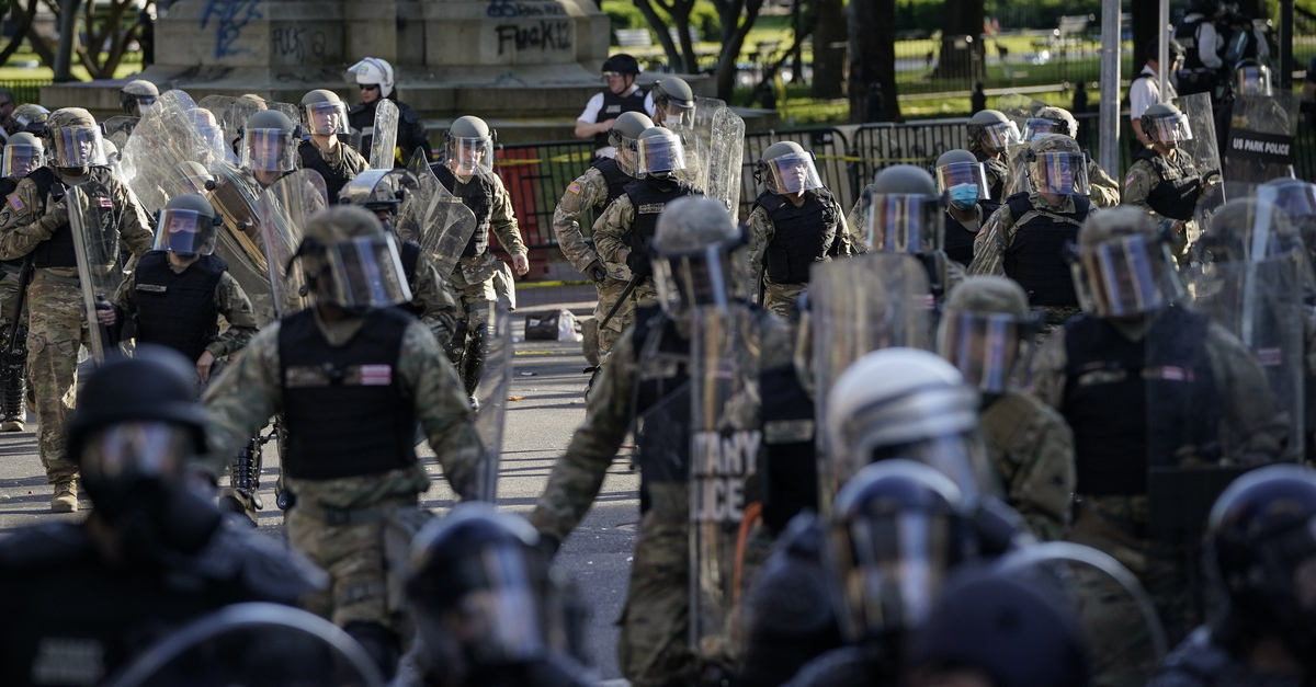 Law enforcement responds during a protest near Lafayette Park ahead of President Trump's trip to St. John's Church on June 1, 2020 in downtown Washington, D.C. (Photo by Drew Angerer/Getty Images.)