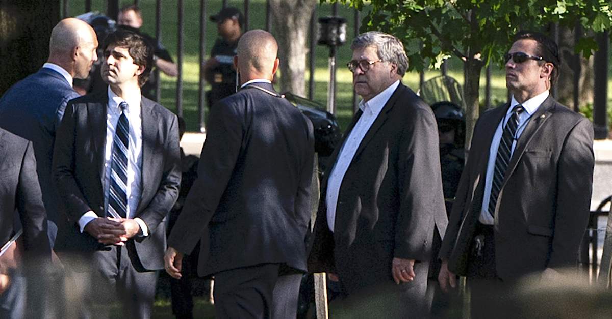 WASHINGTON, DC - JUNE 1: U.S. Attorney General William Barr (3rd R) walks through Lafayette Park during a demonstration on June 1, 2020 in Washington, DC. Thousands of protesters took to the streets throughout the Washington to continue to show anger at Minneapolis Police officer Derek Chauvin who was filmed kneeling on George Floyd's neck before he was later pronounced dead at a local hospital. Floyd's death, the most recent in a series of deaths of black Americans while in police custody, has set off days and nights of protests across the country.