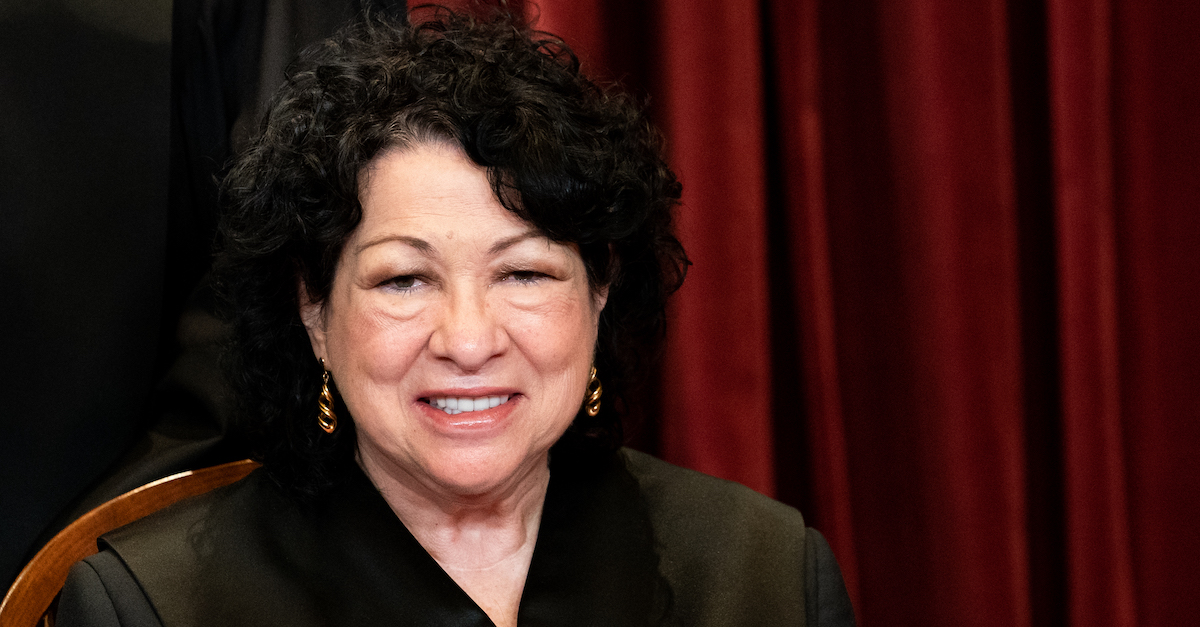 Associate Justice Sonia Sotomayor sits during a group photo of the Justices at the Supreme Court in Washington, DC on April 23, 2021.