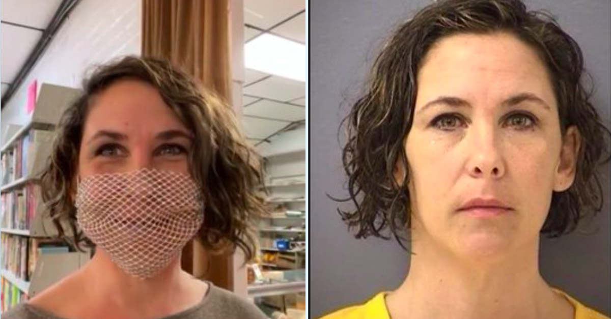 Rachel Powell in mesh mask, mugshot