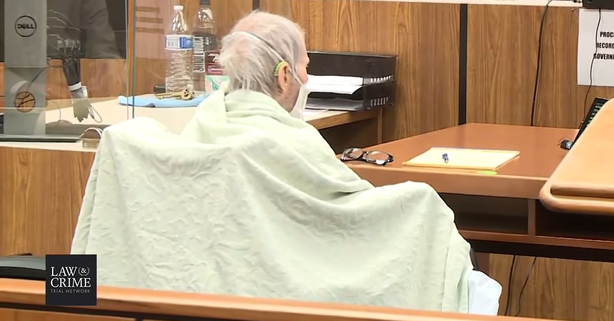 Robert Durst in court, wrapped in a blanket.