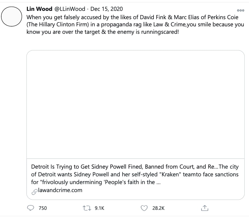 Lin Wood's "over the target" tweet