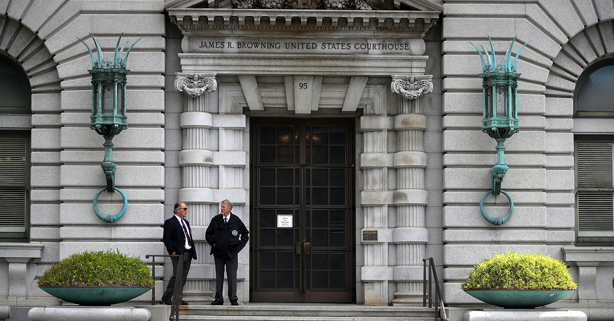 Security guards stand in front of the Ninth U.S. Circuit Court of Appeals on June 12, 2017 in San Francisco, California. 