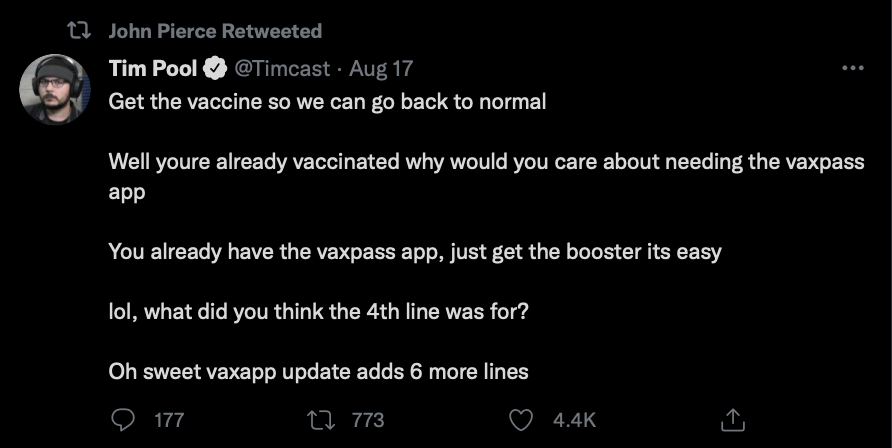 A tweet retweeted by John Pierce expressing skepticism about COVID-19 health measures