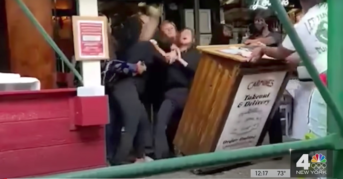 A brawl outside Carmine's Restaurant in New York City was captured on cell phone video obtained by WNBC-TV. Kaeita Nkeenge Rankin, Tyonnie Keshay Rankin, and Sally Rechelle Lewis of Texas are charged in connection with the incident.