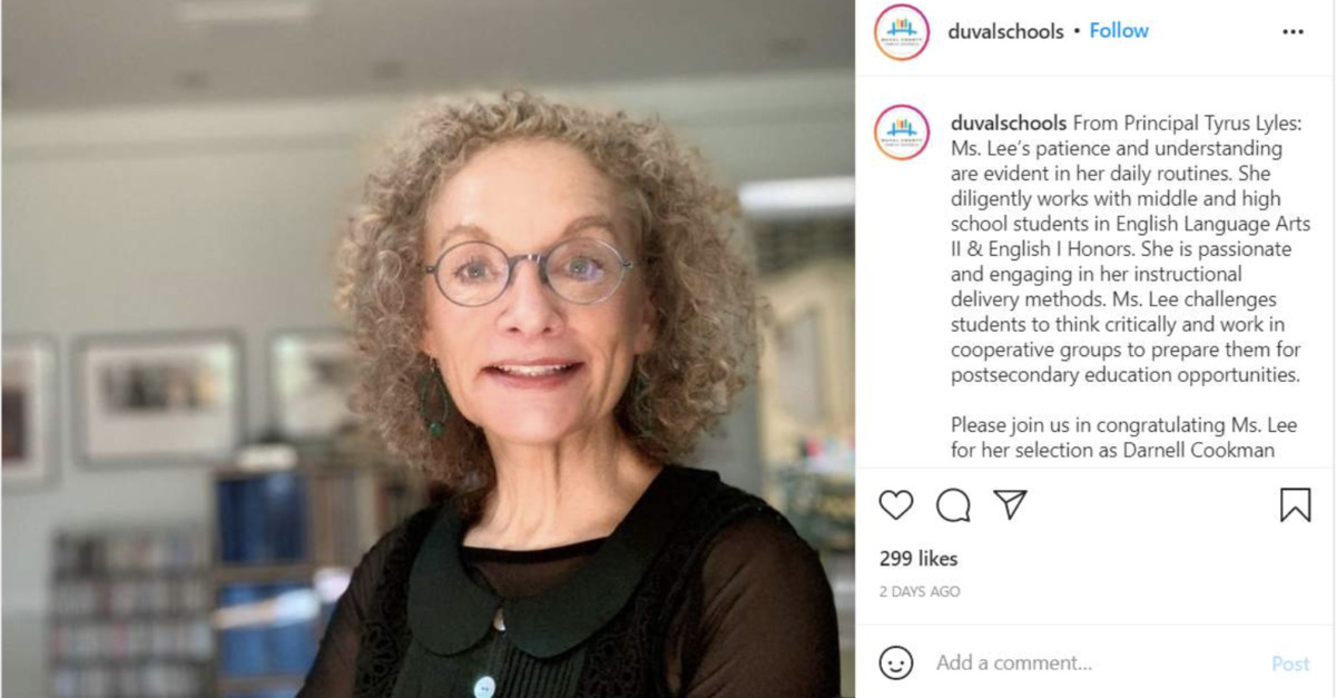Caroline Lee praised as Teacher of the Year in an Instagram post