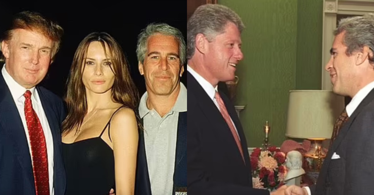 Donald Trump and Bill Clinton pose for photographs with Jeffrey Epstein