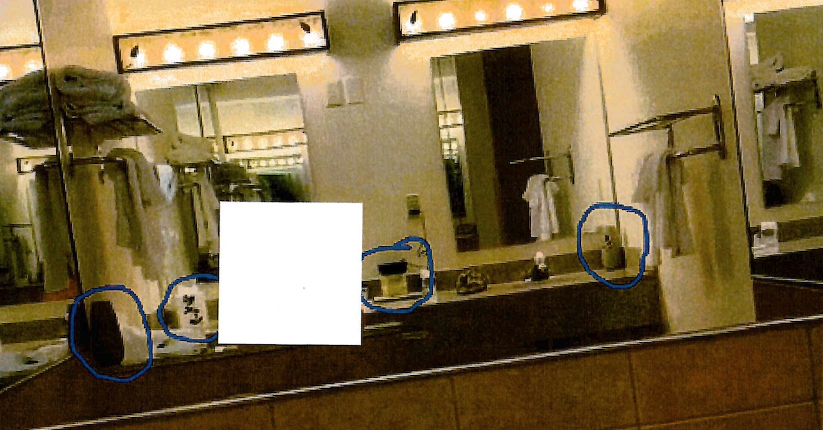 Prosecutors said these devices on a hotel bathroom countertop were the defendant's hidden cameras. (Image via federal court documents.)