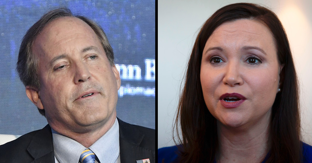 A split screen image shows Ken Paxton and Ashley Moody in separate appearances.