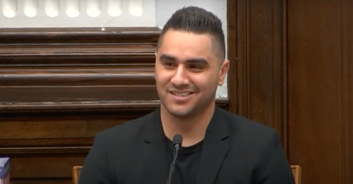 Drew Hernandez smirks as he testifies in the Kyle Rittenhouse intentional homicide trial. (Image via the Law&Crime Network.)