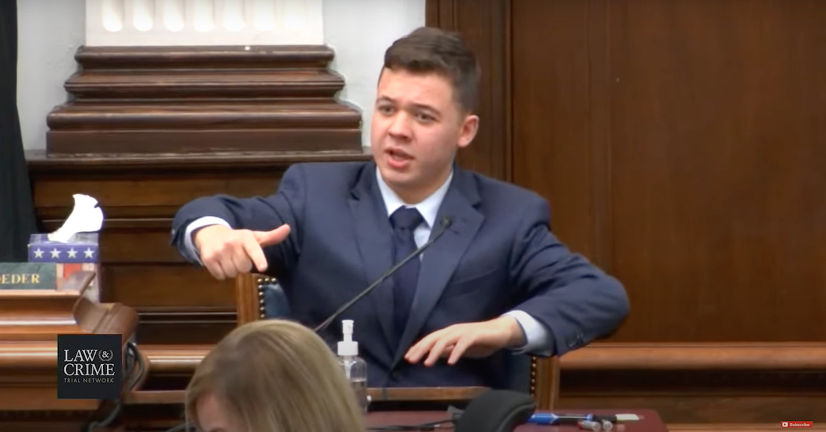 Kyle Rittenhouse explains to the jury how he says Gaige Grosskreutz was positioned immediately before he fired and injured him. (Image via the Law&Crime Network.)