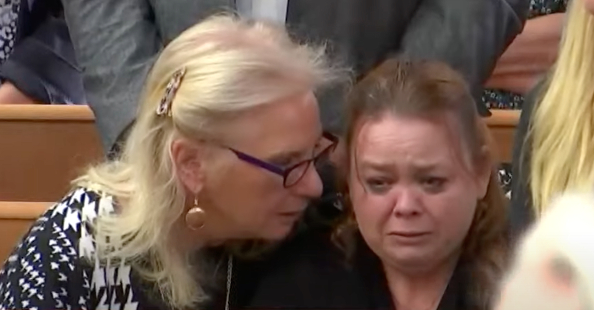 Wendy Rittenhouse (right), Kyle Rittenhouse's mother, cries as her son breaks down on the witness stand on Nov. 10, 2021. (Image via the Law&Crime Network.)