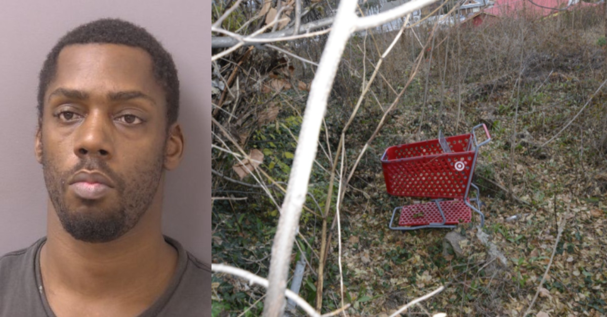 Booking photo of Anthony Robinson, and image of shopping cart he allegedly used the move bodies in Fairfax County, Virginia.