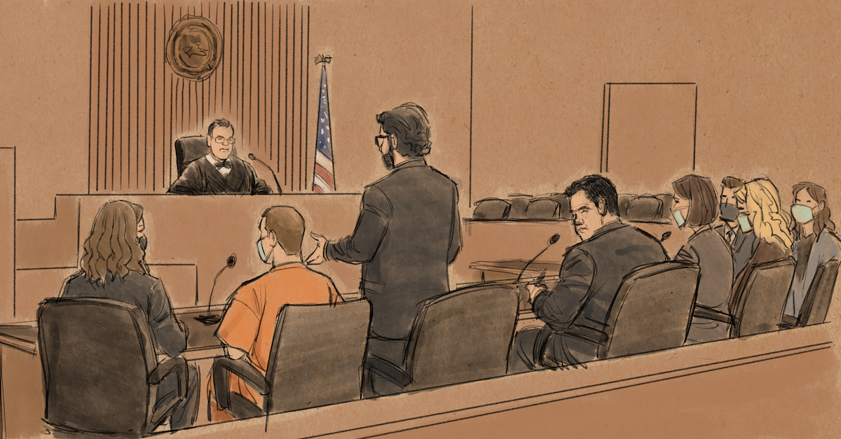A courtroom sketch shows Derek Chauvin, seated in orange prison garb, agreeing to plead guilty to federal civil rights crimes before Senior U.S. District Judge Paul Magnuson on Dec. 15, 2021. (Art by Cedric Hohnstadt.)