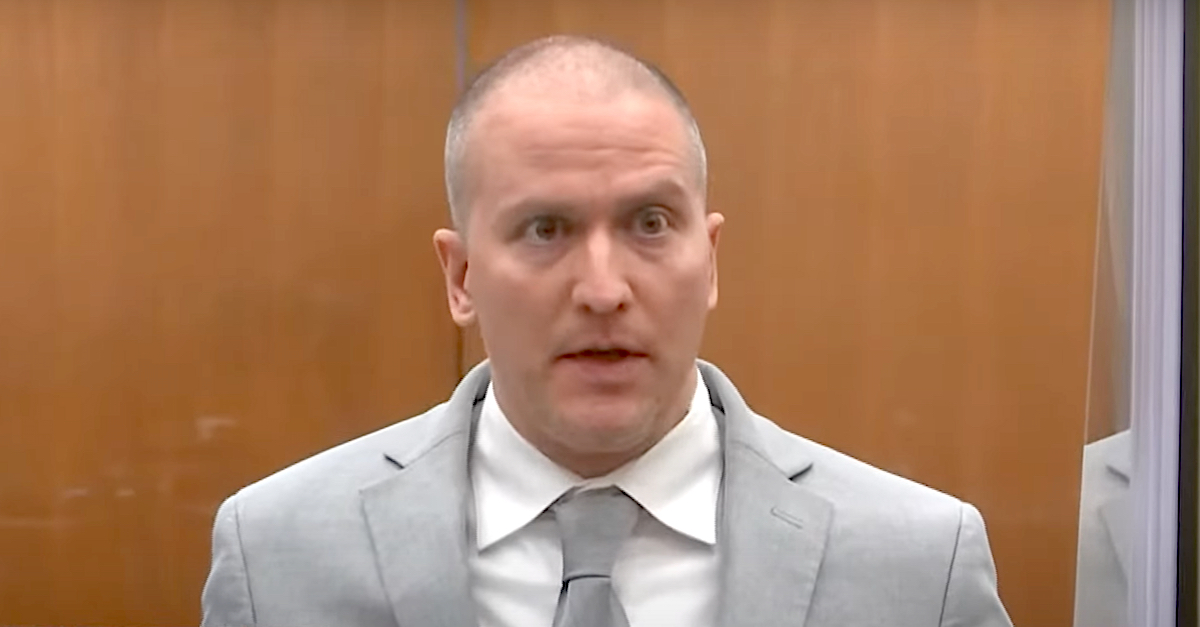 Derek Chauvin appears at a June 25, 2021 sentencing hearing in a Minnesota state district court. (Image via the Law&Crime Network.)
