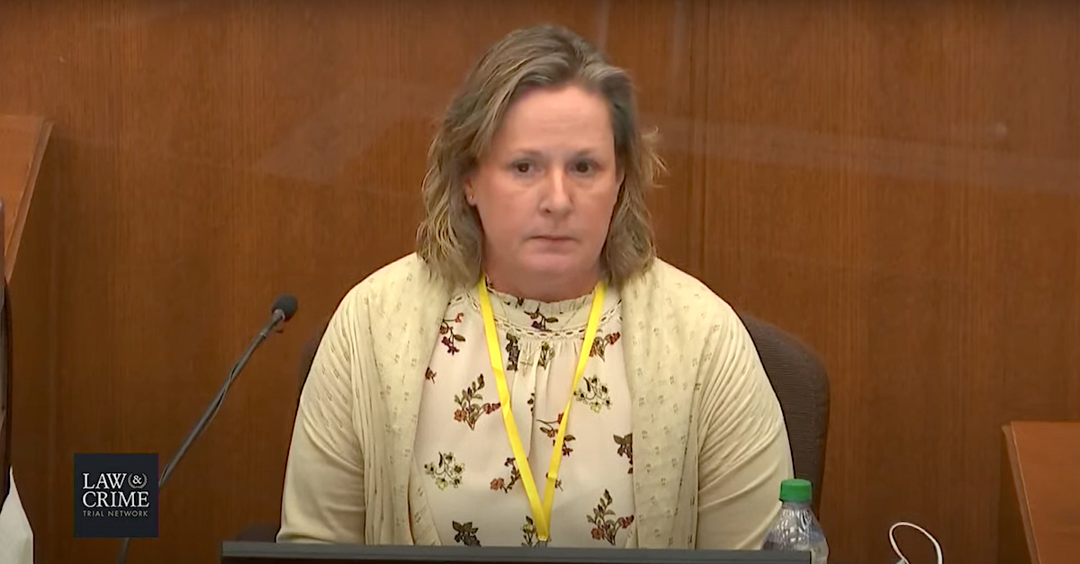 Kimberly Potter responds to questions from her own attorney during testimony on Dec. 17, 2021. (Image via the Law&Crime Network.)