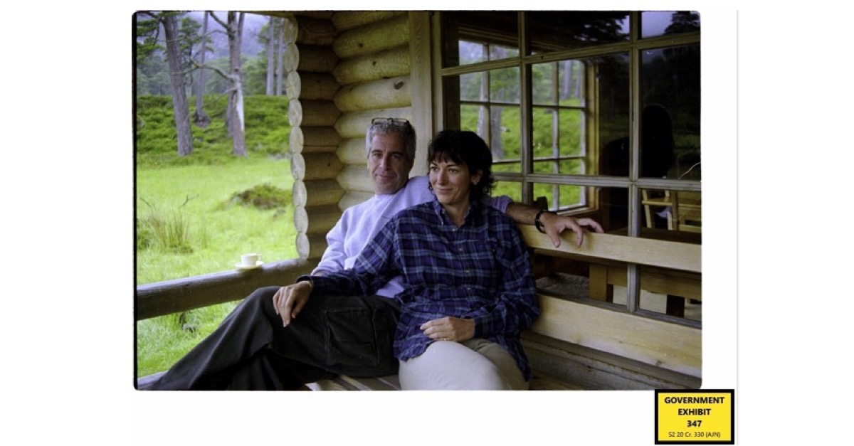 Jeffrey Epstein and Ghislaine Maxwell at what appears to be a cabin.