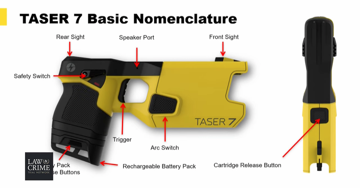 Prosecutors showed this diagram of a Taser 7, similar to that used by Kimberly Potter, during opening statements in the ex-police officer's trial on Dec. 8, 2021, in Minnesota. (Image via a slide used during prosecution opening statements.)