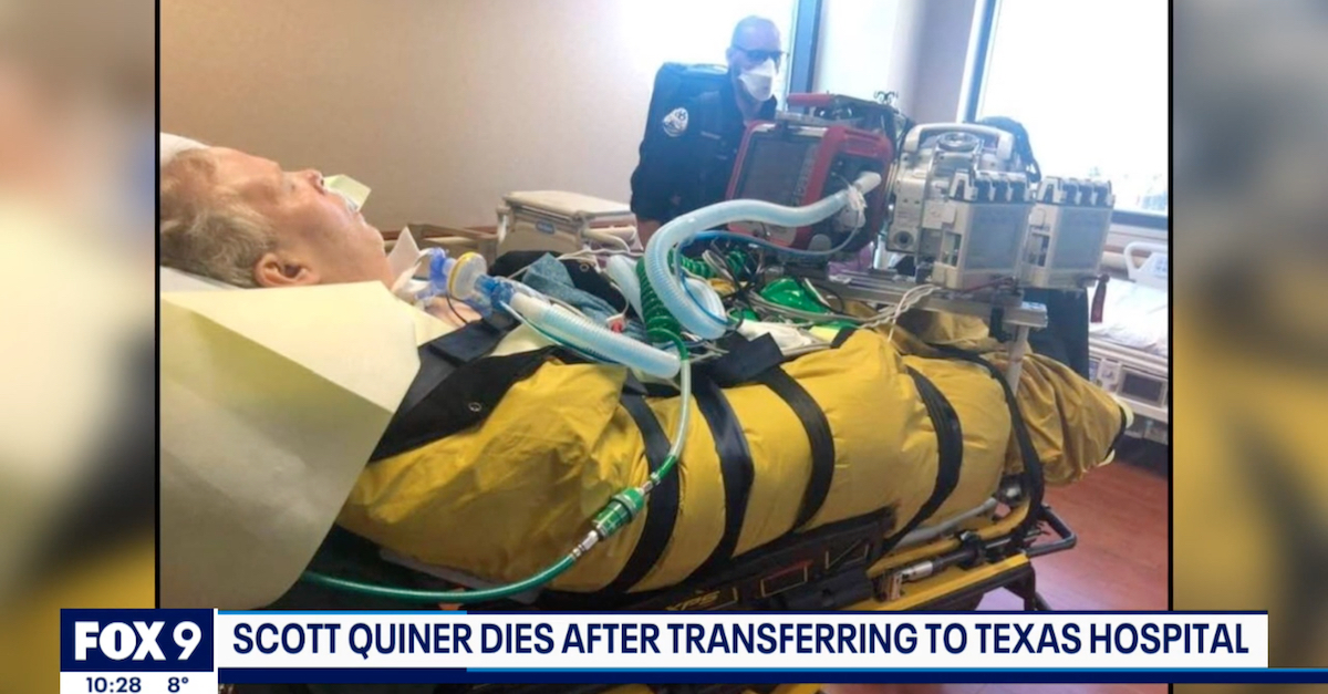 Scott Quiner, then alive but on a ventilator, appeared on the KMSP-TV screen.