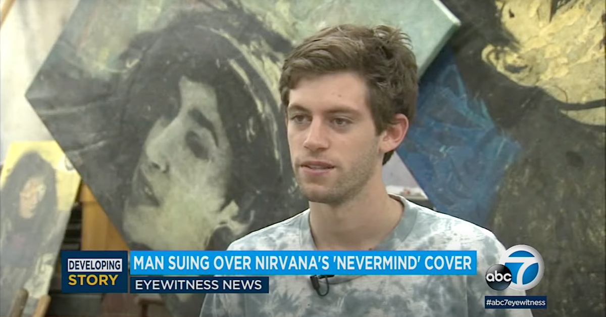 Spencer Eldin, the "Nirvana Baby," appears in a KABC-TV screengrab.
