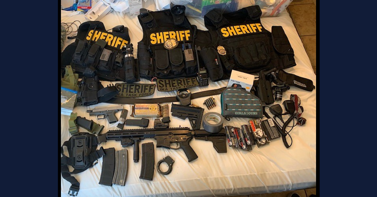 Fake police gear was allegedly seized during a police raid which netted charges against Bobby Bohannon and Kayden Cotter last year. The couple was again in trouble with the law this past weekend. (Image via the San Bernardino Sheriff's Office.)