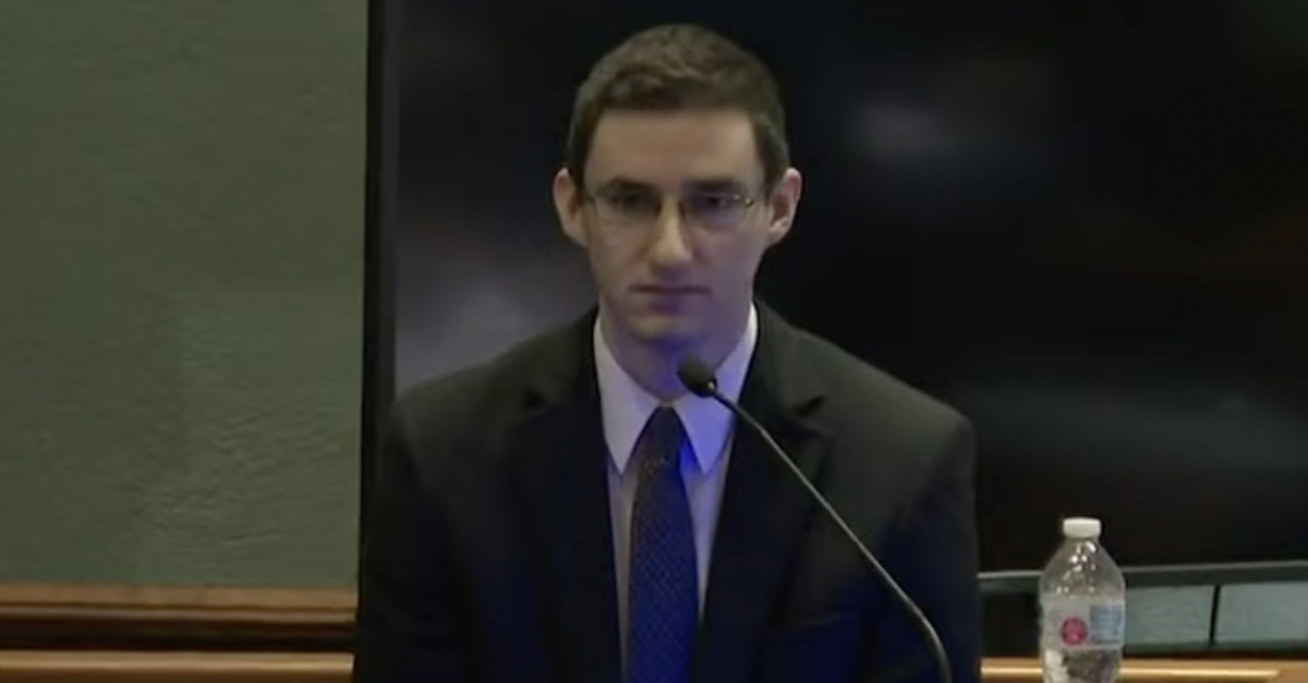 Joseph Elledge testifying during his murder trial, via KMIZ screengrab