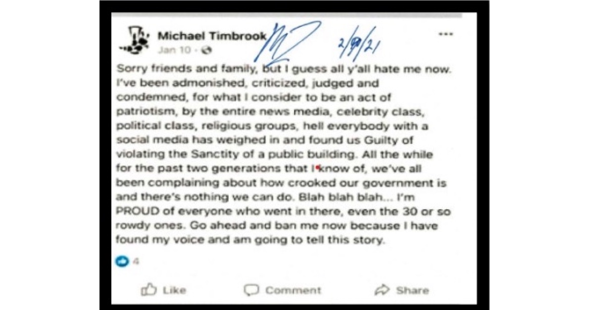 Michael Timbrook defiant Facebook post after Jan. 6