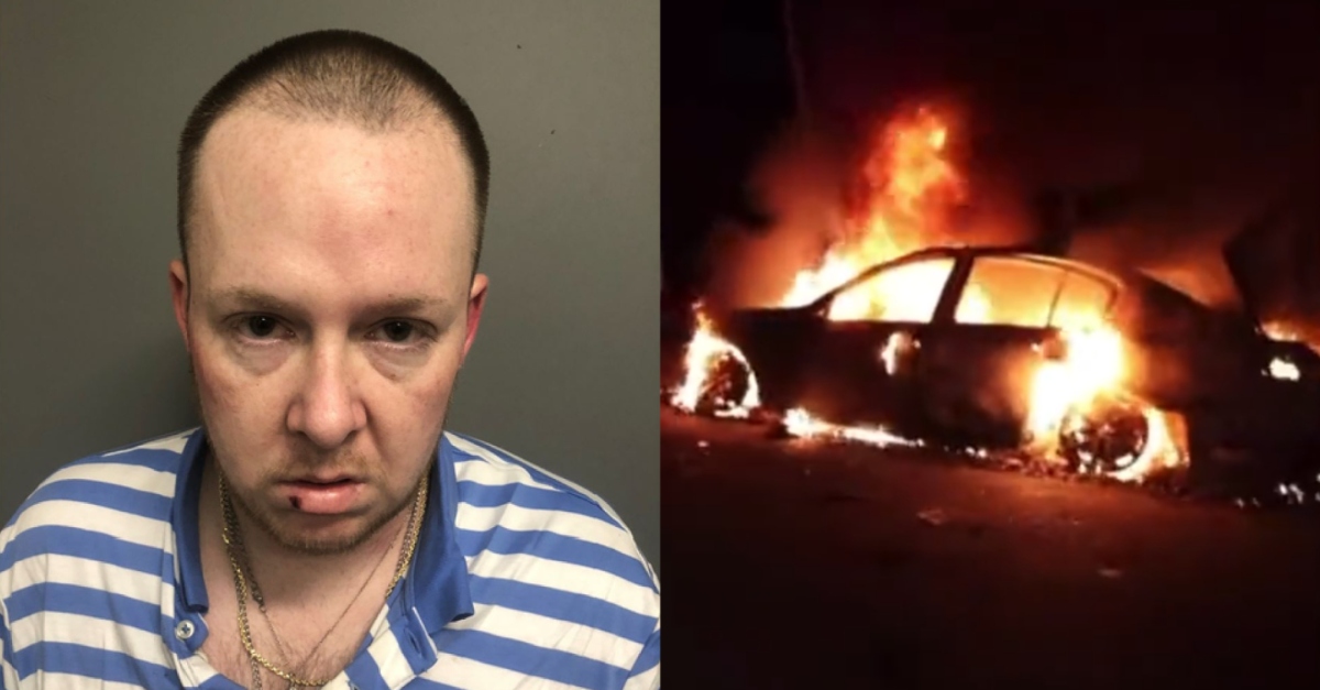 Booking photo of Christopher Lemke, screenshot of Carlos Reyes' burning car.