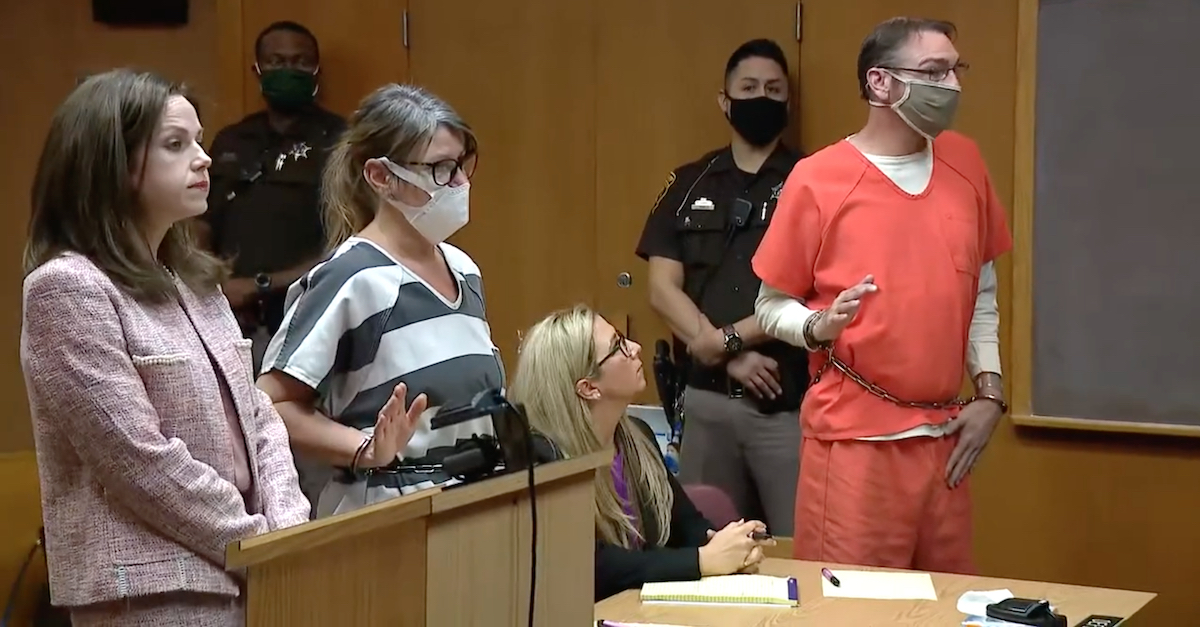 James and Jennifer Crumbley appeared in court together with their attorneys on Tuesday, April 19, 2022. (Image via screengrab from WJBK-TV.)