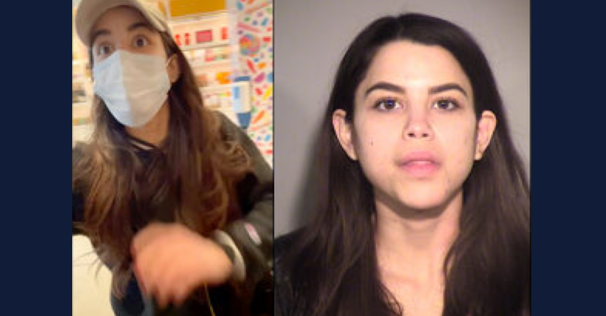 Left: Miya Ponsetto is seen in a screengrab from Keyon Harrold's Instagram video on December 26, 2020. Right: Booking Photo via the Ventura County Sheriff's Department