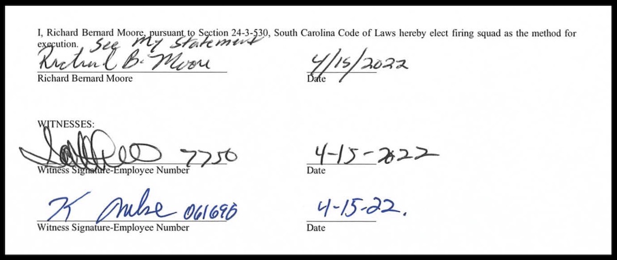 Death row inmate Richard Bernard Moore's signature appears on a "notice of election" form filed in court. Moore directed the courts to a separate, typewritten statement that was attached to this form — a document which also bears his signature.