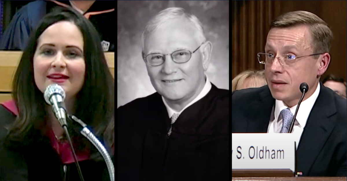 Photos show judges Jennifer Walker Elrod, W. Eugene Davis, and Andrew Oldham.