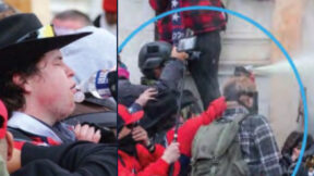 Matthew Ryan Miller seen using a bottle of water outside the Capitol, left, and appearing to spray a fire extinguisher in the direction of police trying to guard the Capitol on Jan. 6.