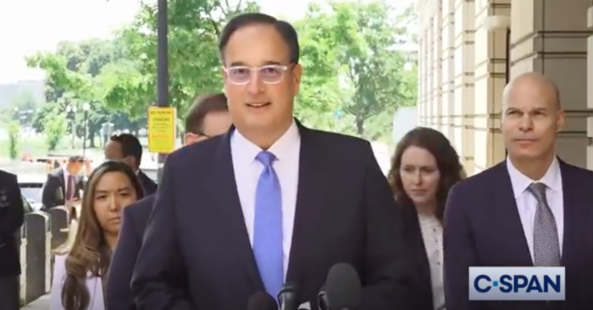 Michael Sussmann spoke to reporters outside court on May 31, 2022, after a federal jury acquitted him of a charge which alleged that he made a material false statement to the FBI. (Image via C-SPAN screengrab.)