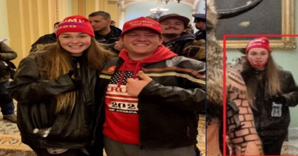 Savannah McDonald is seen inside the Capitol on Jan. 6. She is pictured with her boyfriend, Nolan Kidd, and then behind Jacob Chansley, known as the "QAnon shaman."