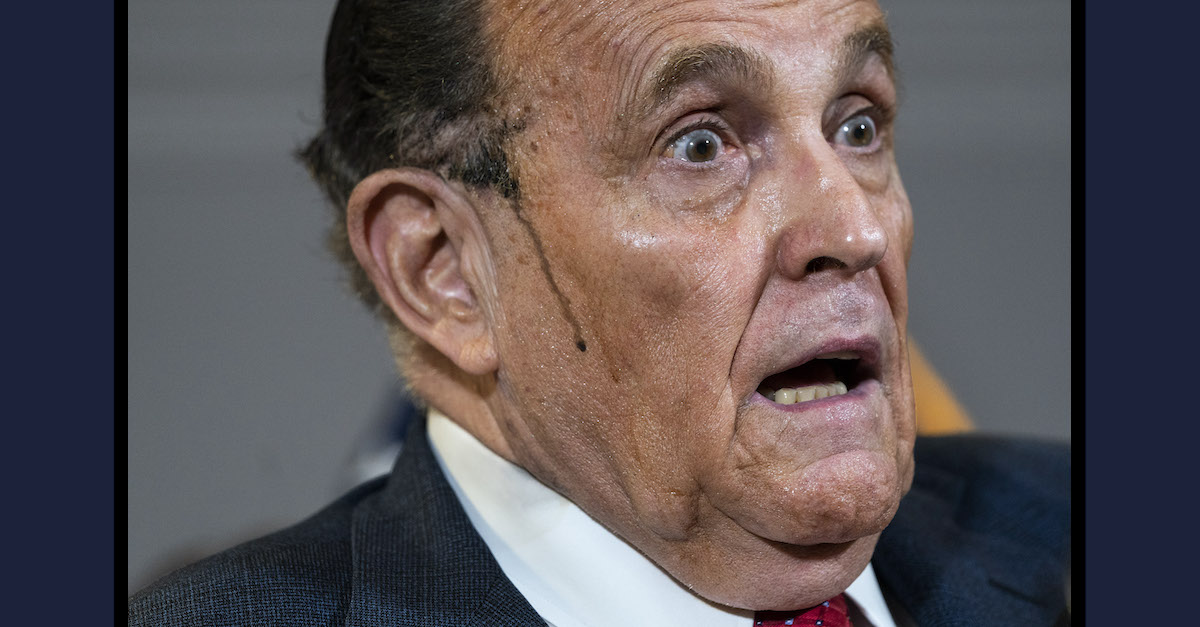 Rudy Giuliani speaks to the press about various lawsuits related to the 2020 election inside the Republican National Committee's headquarters on November 19, 2020. (Photo by Drew Angerer/Getty Images.)