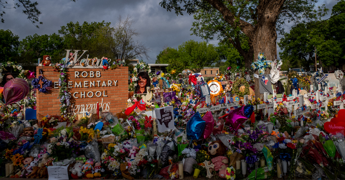 A memorial dedicated to the 19 children and two adults killed on May 24th during the mass shooting at Robb Elementary School is seen on June 1, 2022 in Uvalde, Texas. (Photo by Brandon Bell/Getty Images.)