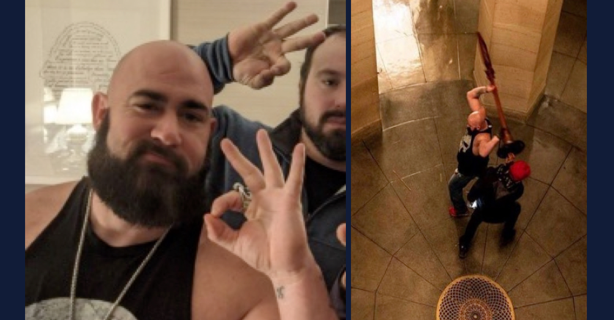 Left: Josh Pruitt is seen showing the "OK" sign associated with white supremacists; Right: Pruitt is seen preparing to throw a wooden sign inside the U.S. Capitol on Jan. 6.