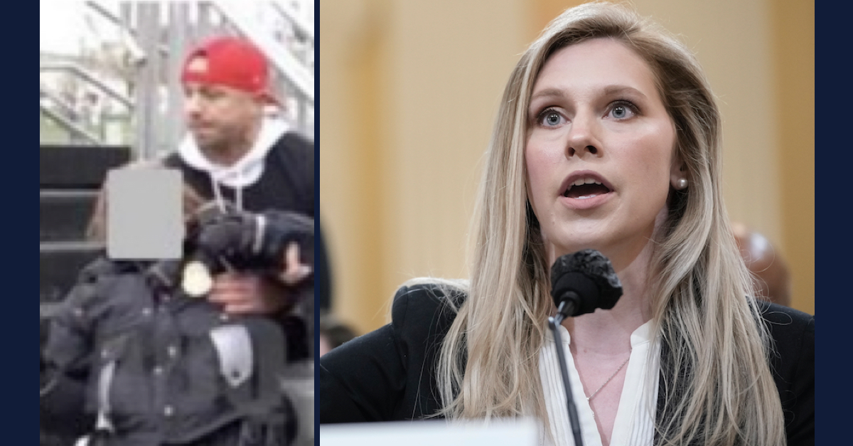 Left: Ryan Samsel is seen lifting an injured officer during a confrontation on Capitol grounds on Jan. 6. The officer was later identified as Caroline Edwards. Right: Edwards testifies before the House Select Committee investigating the Jan. 6 attack on the U.S. Capitol. 