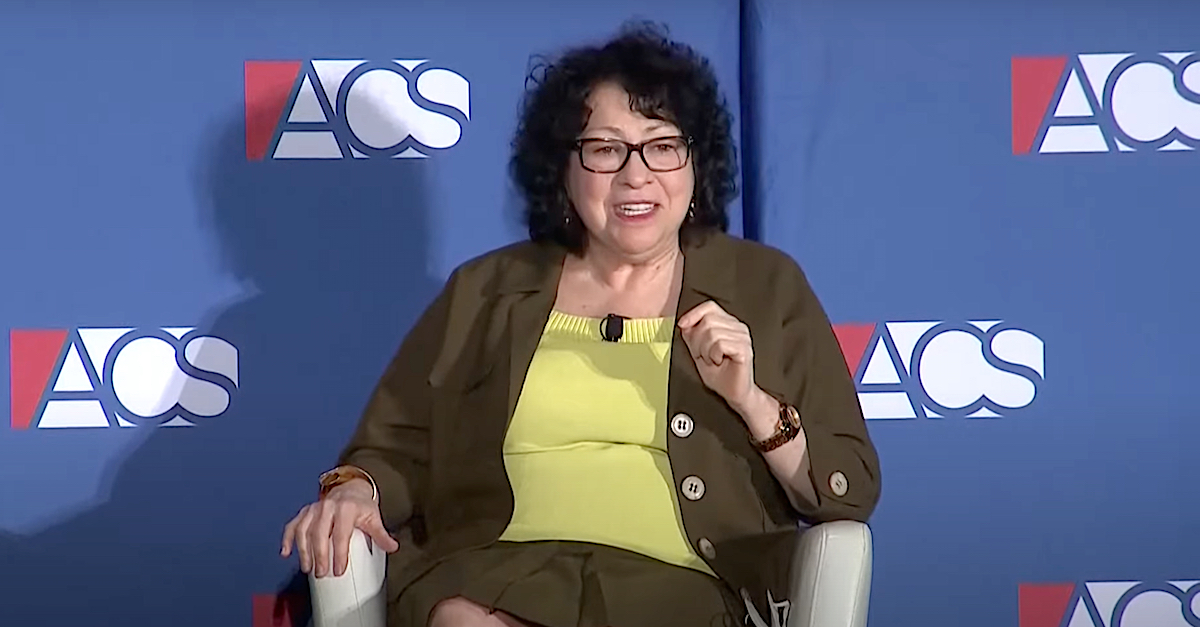 Sonia Sotomayor spoke to the American Constitution Society on June 16, 2022. (Image via YouTube screengrab.)