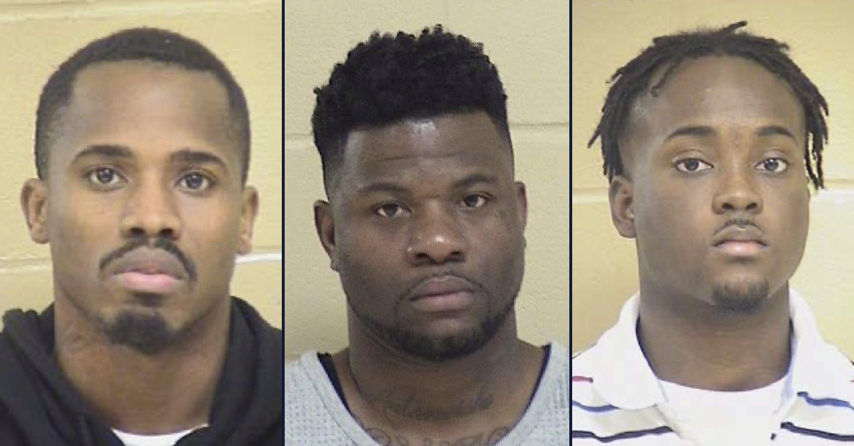 Tre'Veon Anderson, Glenn Frierson, and Lawrence Pierre II appear in mugshots released by the Shreveport Police Department.  Anderson was convicted by a jury; Frierson was acquitted; Pierre pleaded guilty.