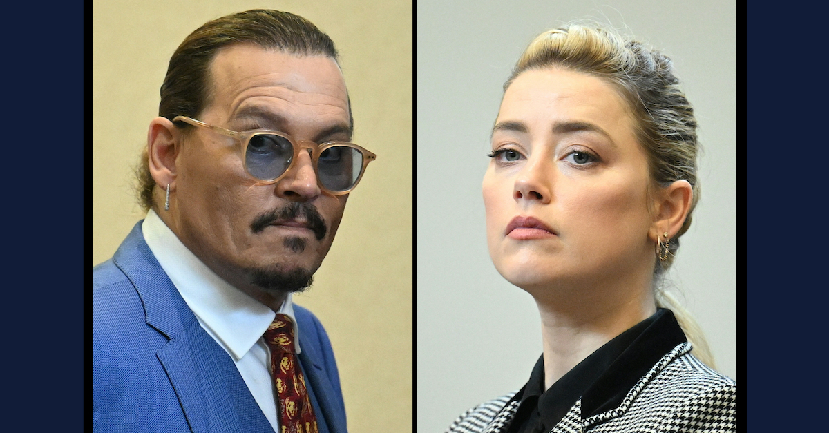 This combination of pictures shows Johnny Depp and Amber Heard at the Fairfax County Circuit Courthouse in Fairfax, Virginia, on May 24, 2022. (Both images via Jim Watson/Pool/AFP via Getty Images.)