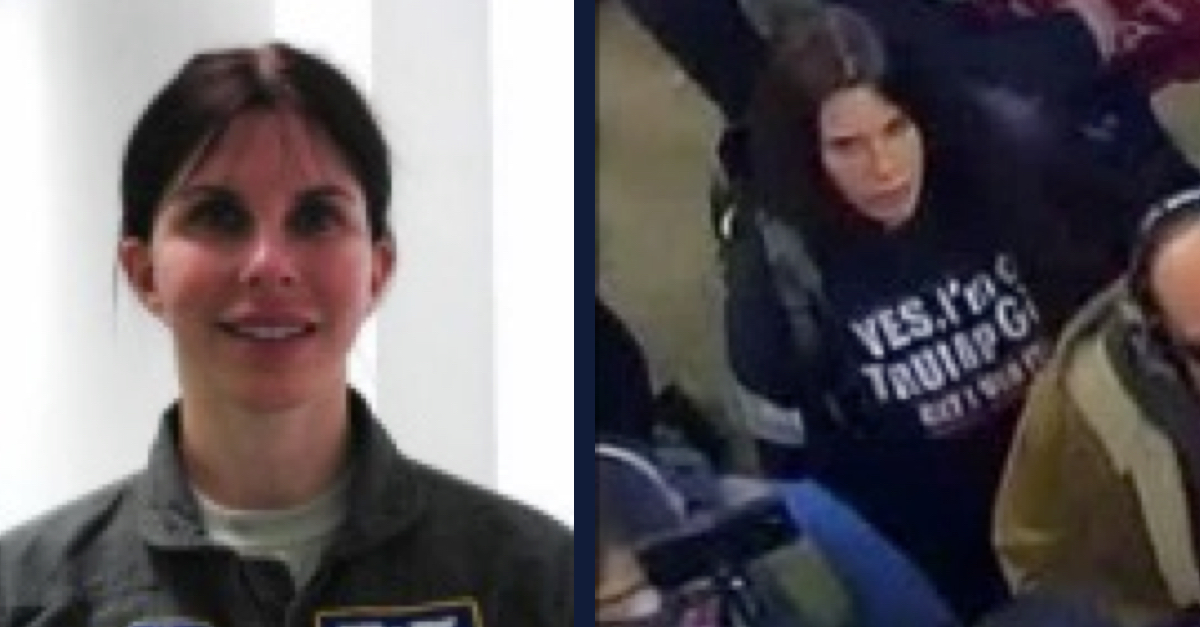 Jamie Ferguson is seen in what looks like a military uniform, left, and on surveillance footage inside the Capitol on Jan. 6.