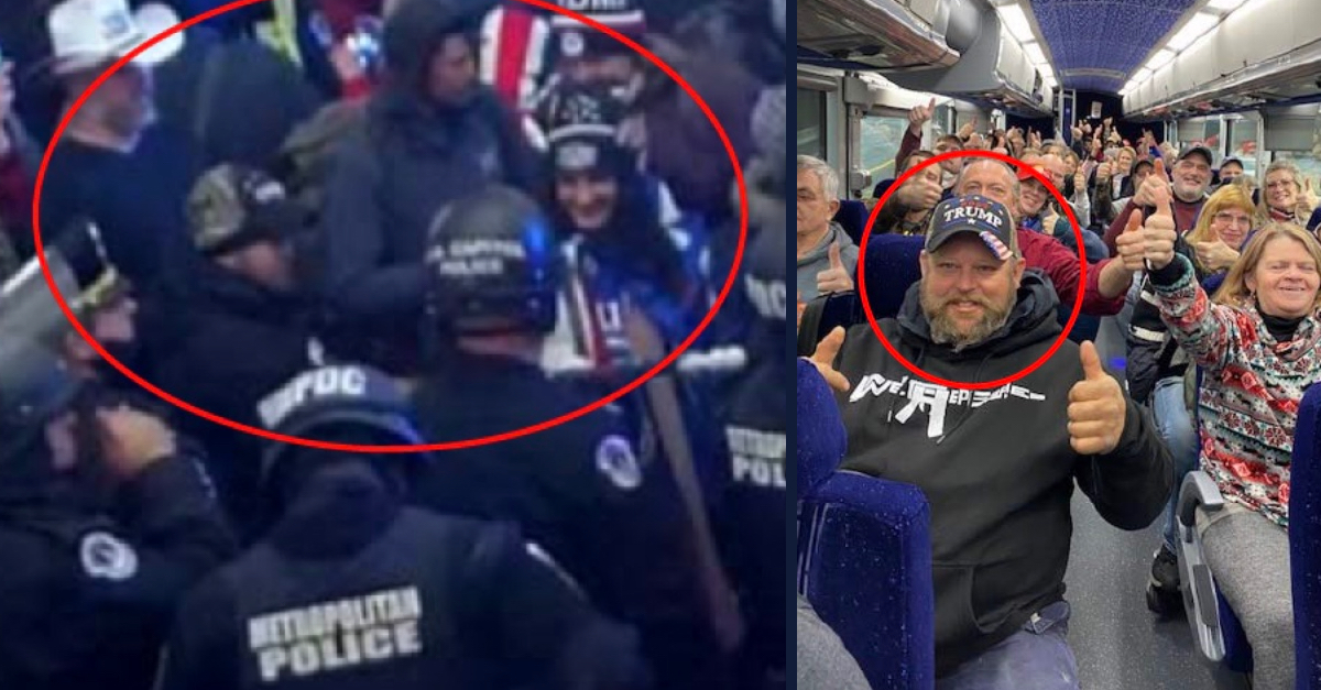 Left: Mark Aungst and co-defendant Tammy Bronsburg are seen inside the Capitol on Jan. 6. Right: Aungst, circled in red, is seen on a chartered bus before leaving for D.C.