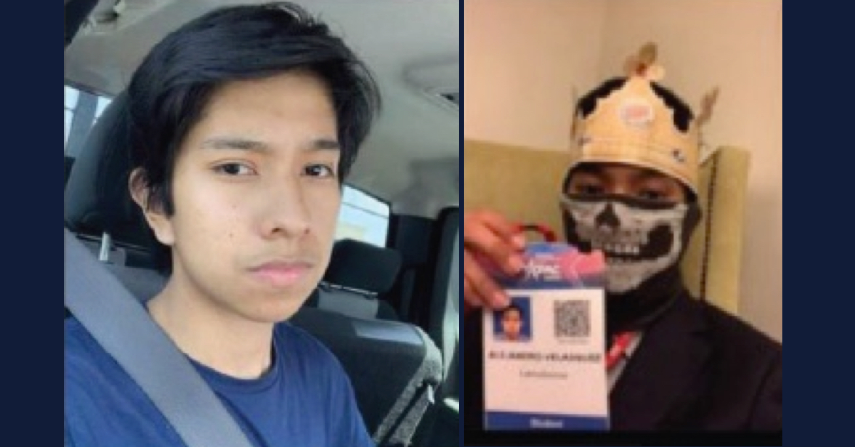 Left: Alejandro Richard Velasquez Gomez is seen in a selfie-style picture; right, Gomez in a skeleton mask allegedly holding his CPAC pass.