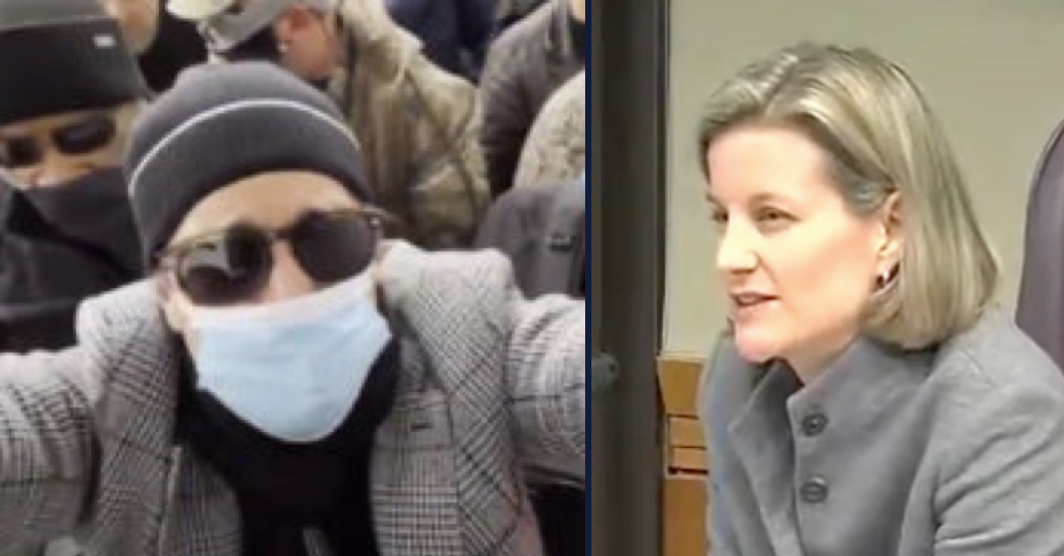 Left: Brandon Straka, via FBI court filing. Right: Judge Dabney Friedrich in 2016, at a hearing for the U.S. Sentencing Commission (via U.S. Courts).